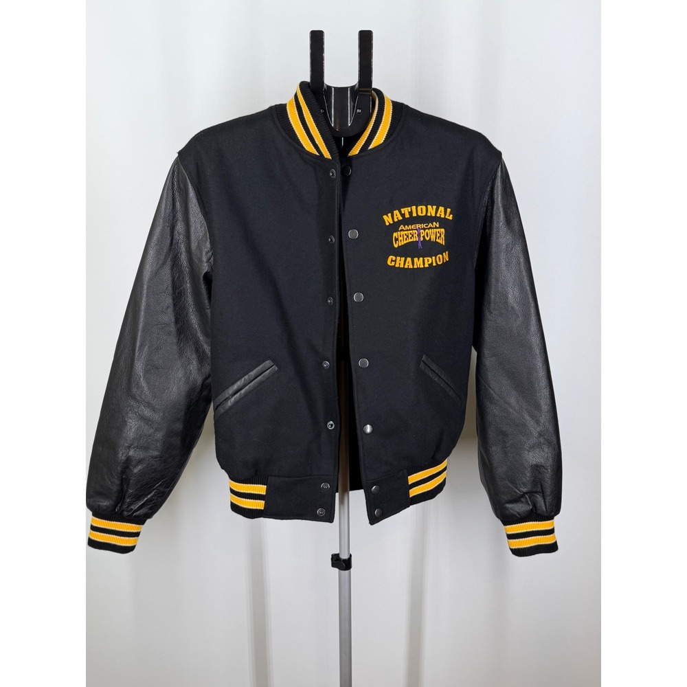 American Cheer Power National Champion Varsity Jacket Black Leather Wool Small